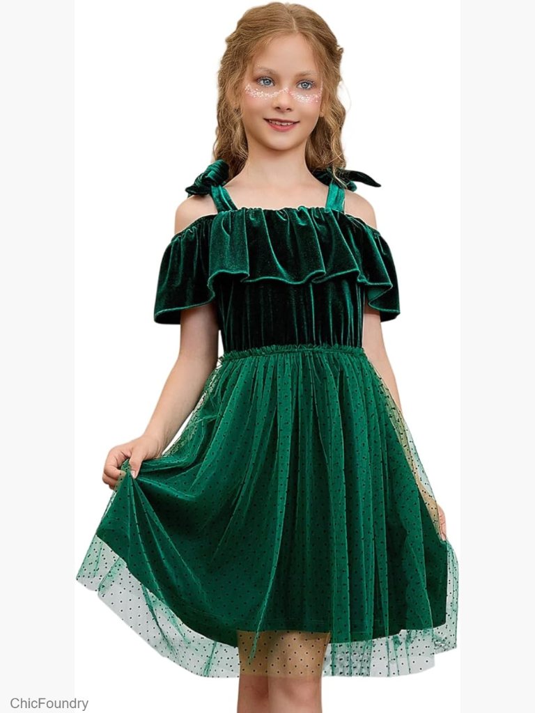 Girls Velvet A-Line Tutu Princess Party Dress Sleeveless Tie Shoulder